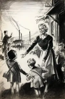 If you can't go to the factory help the neighbour..., WWII Childminding poster, between 1939 & 1946 Creator: Central Office of Information