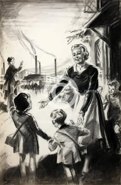 'If you can't go to the factory help the neighbour..., WWII Childminding poster, between 1939 & 1946 Creator: Central Office of Information.