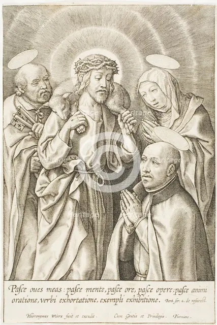 Ignatius of Loyola kneeling before Christ, the Virgin and St Peter, n.d. Creator: Jan Wierix.