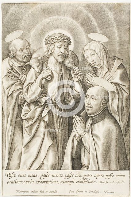 Ignatius of Loyola kneeling before Christ, the Virgin and St Peter, n.d. Creator: Jan Wierix.