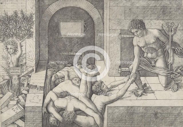 Ignorance and Mercury (an allegory of Virtue and Vice), Mercury kneeling at right..., ca. 1490-1525. Creator: Giovanni Antonio da Brescia.