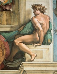 Ignudo (Sistine Chapel ceiling in the Vatican), 1508-1512. Creator: Buonarroti, Michelangelo (1475-1564)