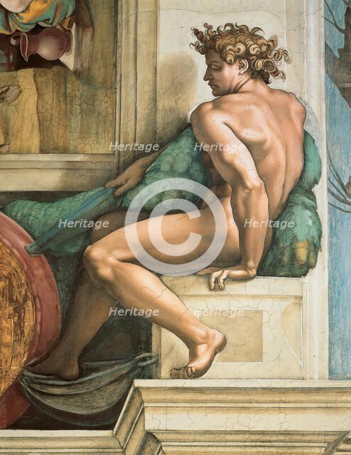 Ignudo (Sistine Chapel ceiling in the Vatican), 1508-1512. Creator: Buonarroti, Michelangelo (1475-1564).
