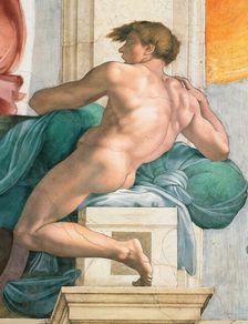 Ignudo (Sistine Chapel ceiling in the Vatican), 1508-1512. Creator: Buonarroti, Michelangelo (1475-1564)