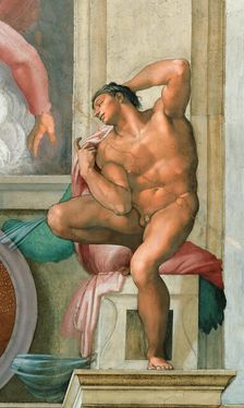 Ignudo (Sistine Chapel ceiling in the Vatican), 1508-1512. Creator: Buonarroti, Michelangelo (1475-1564)
