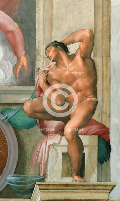 Ignudo (Sistine Chapel ceiling in the Vatican), 1508-1512. Creator: Buonarroti, Michelangelo (1475-1564).