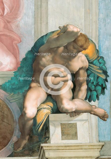 Ignudo (Sistine Chapel ceiling in the Vatican), 1508-1512. Creator: Buonarroti, Michelangelo (1475-1564).