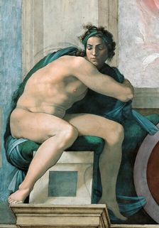 Ignudo (Sistine Chapel ceiling in the Vatican), 1508-1512. Creator: Buonarroti, Michelangelo (1475-1564)