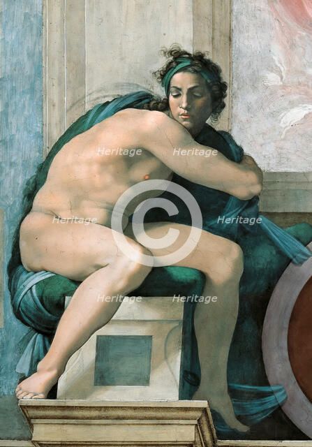 Ignudo (Sistine Chapel ceiling in the Vatican), 1508-1512. Creator: Buonarroti, Michelangelo (1475-1564).
