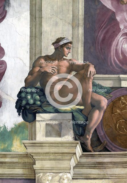 Ignudo (Sistine Chapel ceiling in the Vatican), 1508-1512. Creator: Buonarroti, Michelangelo (1475-1564).