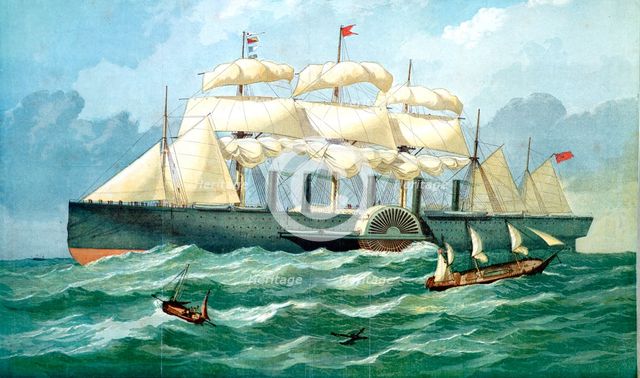 IK Brunel's steam ship 'Great Eastern' showing housing for paddle wheel, and sails, 1857. Artist: Unknown