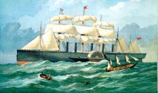 IK Brunel's steam ship Great Eastern showing housing for paddle wheel, and sails, 1857