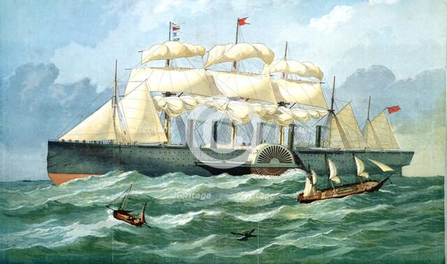 IK Brunel's steam ship 'Great Eastern' showing housing for paddle wheel, and sails, 1857. Artist: Unknown