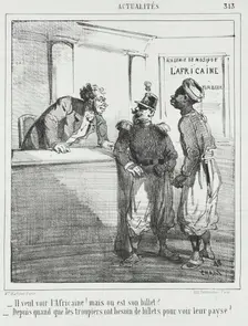 Il veut voir l'Africaine! mais ou est son billet? -Depuis quand que les troupiers ont..., 1865. Creator: Cham
