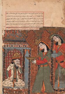Ilar (or Irakht) About to Throw the Bowl of Rice at the King, Folio from a Kalila wa Dimna, 18th cen Creator: Unknown