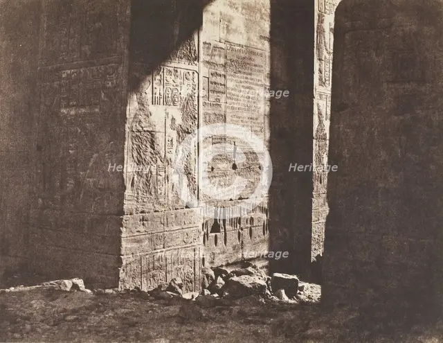 Ile de Fileh (Philæ), Premier Pylône, Inscription Française Gravée Sur L'ébrasement Ori..., 1851-52. Creator: Félix Teynard.