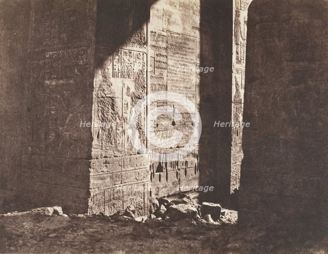 Ile de Fileh (Philæ), Premier Pylône, Inscription Française Gravée Sur L'ébrasement Ori..., 1851-52. Creator: Félix Teynard.