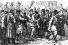 Ill-treatment of the Jews in Russia: assault on a Jew in the presence of the military at Kiev, 1881. Creator: Schombeer