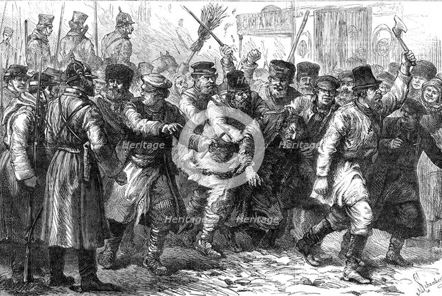 Ill-treatment of the Jews in Russia: assault on a Jew in the presence of the military at Kiev, 1881. Creator: Schombeer.