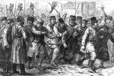 Ill-treatment of the Jews in Russia: assault on a Jew in the presence of the military at Kiev, 1881. Creator: Schombeer