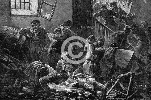 Ill-treatment of the Jews in Russia: plundering a brandy shop at Kiev, 1881. Creator: Unknown.