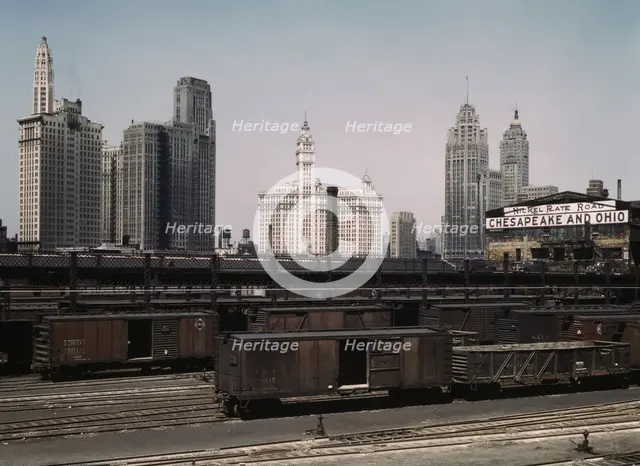 Illinois Central R.R., freight cars at the South Water Street freight terminal, Chicago, Ill, 1943. Creator: Jack Delano.