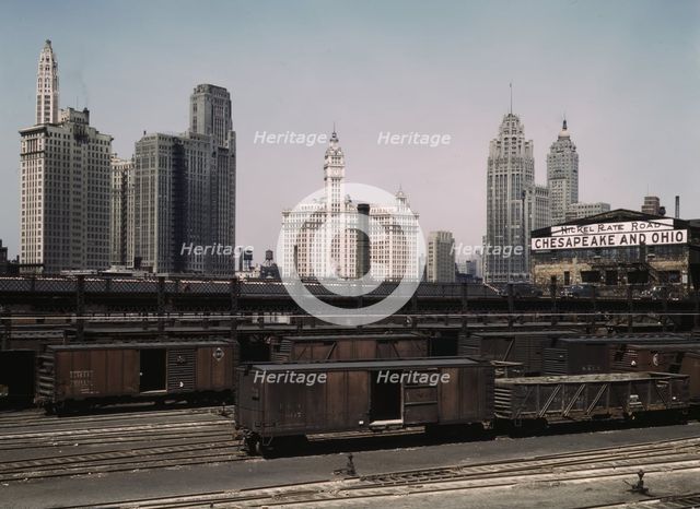 Illinois Central R.R., freight cars at the South Water Street freight terminal, Chicago, Ill, 1943. Creator: Jack Delano.