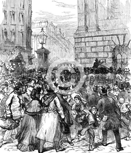 Illness of the Prince of Wales: posting the bulletin at the Mansion House, 1871. Creator: Unknown.