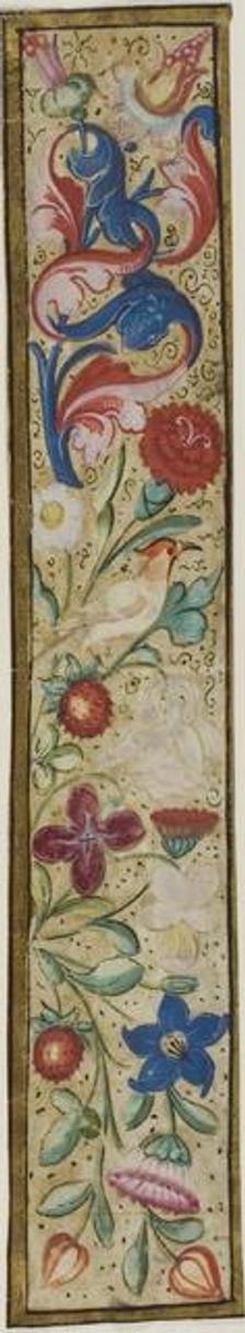 Illuminated Border with Bird, Strawberries and Flowers from a Choir Book, n.d. Creator: Unknown