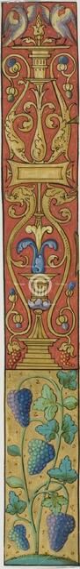 Illuminated Border with Grapes, Birds and Grotesques from a Manuscript, 15th or early 16th century. Creator: Unknown.