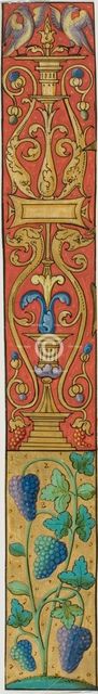 Illuminated Border with Grapes, Birds and Grotesques from a Manuscript, 15th or early 16th century. Creator: Unknown.