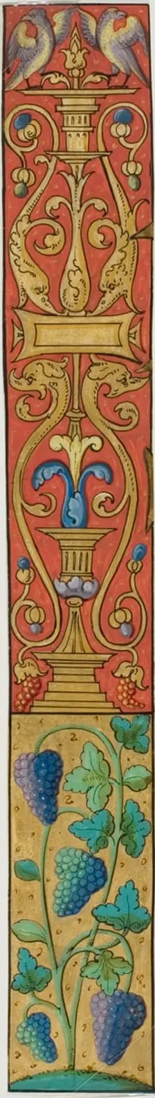Illuminated Border with Grapes, Birds and Grotesques from a Manuscript, 15th or early 16th century. Creator: Unknown