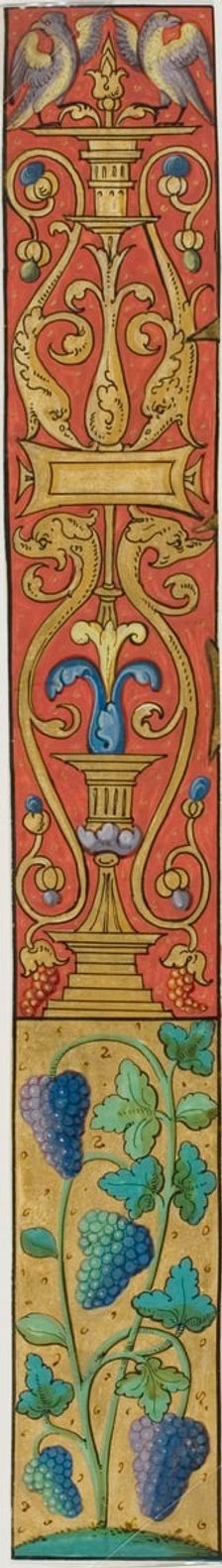Illuminated Border with Grapes, Birds and Grotesques from a Manuscript, 15th or early 16th century. Creator: Unknown