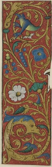 Illuminated Border with Grotesques and Flora from a Manuscript, 15th or early 16th century. Creator: Unknown