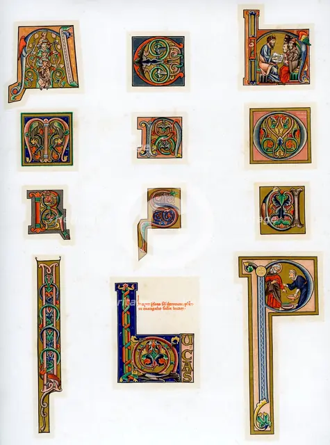 Illuminated initial letters, 13th century. Artist: Unknown