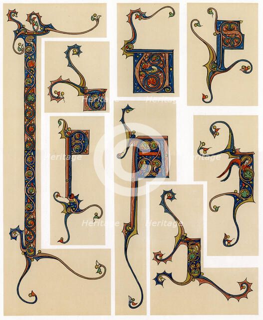 Illuminated initial letters, 13th century. Artist: Unknown