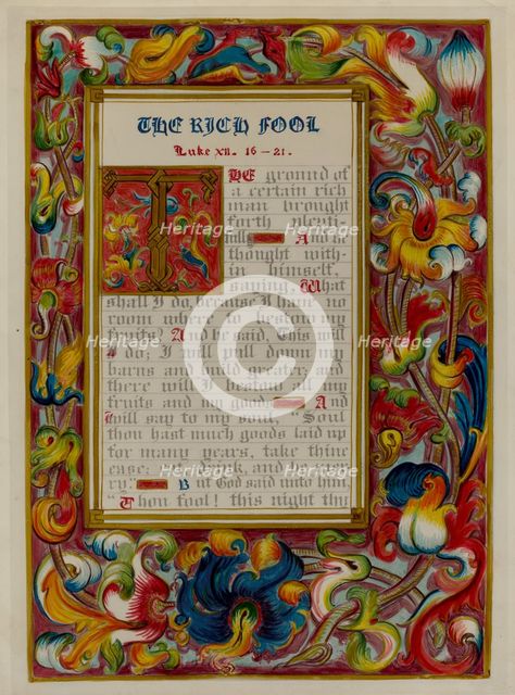 Illuminated Parable: The Rich Fool, c. 1936. Creators: Robert Stewart, James Gross.