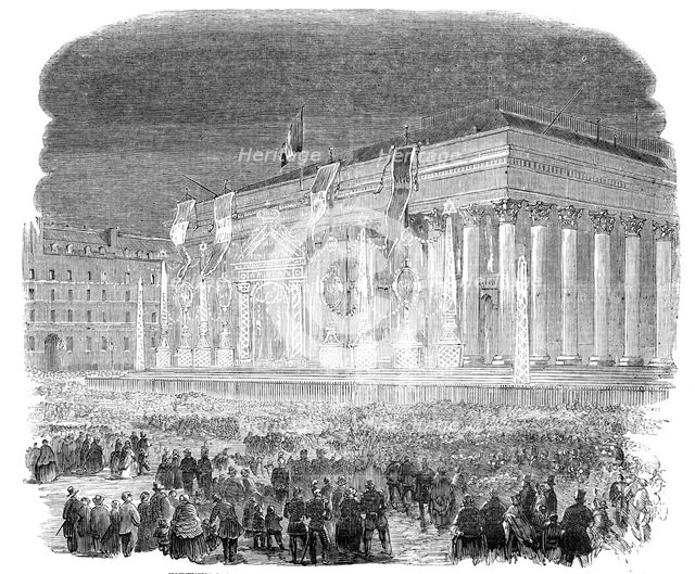 Illumination of the Bourse, at Paris, in Honour of the Birth of the Prince Imperial, 1856.  Creator: Unknown.