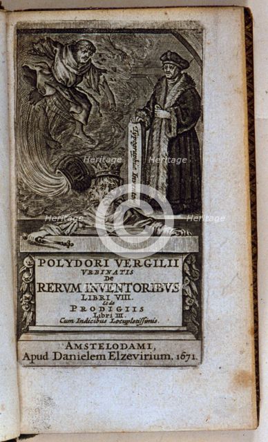 Illustrated cover of 'De rerum inventoribus libri VIII et de prodigiis', by Virgilio Polidoro, 1671. Creator: Polidoro, Virgilio (1470-1555).