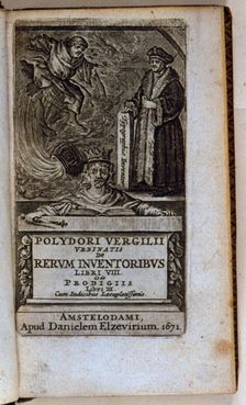 Illustrated cover of De rerum inventoribus libri VIII et de prodigiis by Virgilio Polidoro, 1671. Creator: Polidoro, Virgilio (1470-1555)