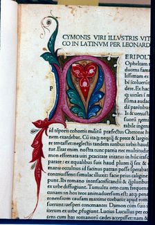 Illustrated page with miniature and decorated initial of the work Parellalle, sive..., 1478. Creator: Plutarch (50 a.C - 120 a.C.)
