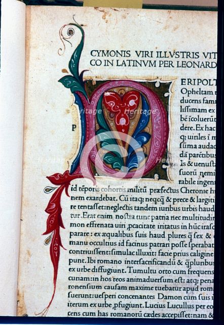 Illustrated page with miniature and decorated initial of the work 'Parellalle, sive..., 1478. Creator: Plutarch (50 a.C - 120 a.C.).