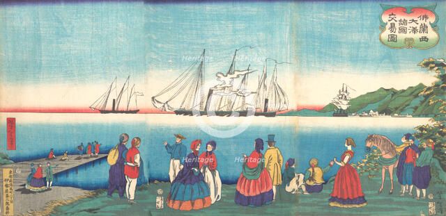 Illustration of a Large French Port Trading with Many Nations (Furansukoku oomi..., 4th month, 1866. Creator: Tsukioka Yoshitoshi.