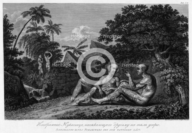 Illustration of a Nukagiva Man Making Tattoos on Another Man's Body, 1813. Creators: Ivan Vasil'evich Chesky, Ignaz Sebastian Klauber.