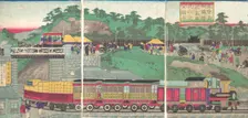 Illustration of a Steam Locomotive Running on the Takanawa Railroad in Tokyo (Tokyo ta..., ca. 1873. Creator: Utagawa Kuniteru