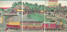 Illustration of a Steam Locomotive Running on the Takanawa Railroad in Tokyo (Tokyo ta..., ca. 1873. Creator: Utagawa Kuniteru