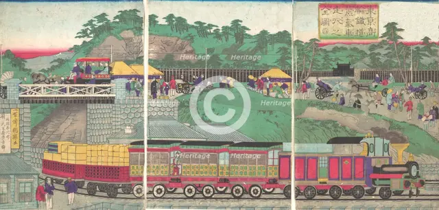 Illustration of a Steam Locomotive Running on the Takanawa Railroad in Tokyo (Tokyo ta..., ca. 1873. Creator: Utagawa Kuniteru.