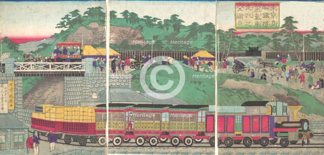 Illustration of a Steam Locomotive Running on the Takanawa Railroad in Tokyo (Tokyo ta..., ca. 1873. Creator: Utagawa Kuniteru.