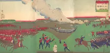 Illustration of Cavalry, Infantry and Soldiers Retreating (Kiheitai, hoheitai, ..., 8th month, 1867. Creator: Tsukioka Yoshitoshi