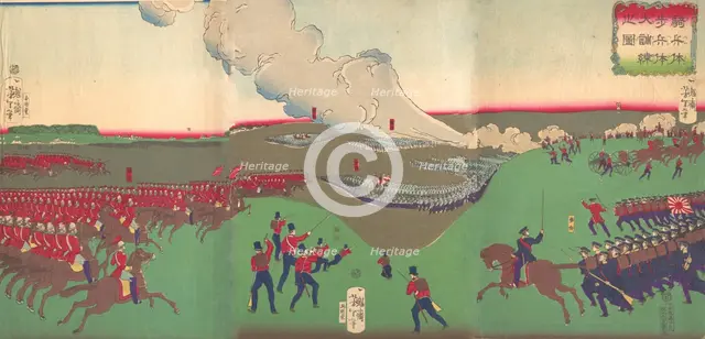 Illustration of Cavalry, Infantry and Soldiers Retreating (Kiheitai, hoheitai, ..., 8th month, 1867. Creator: Tsukioka Yoshitoshi.